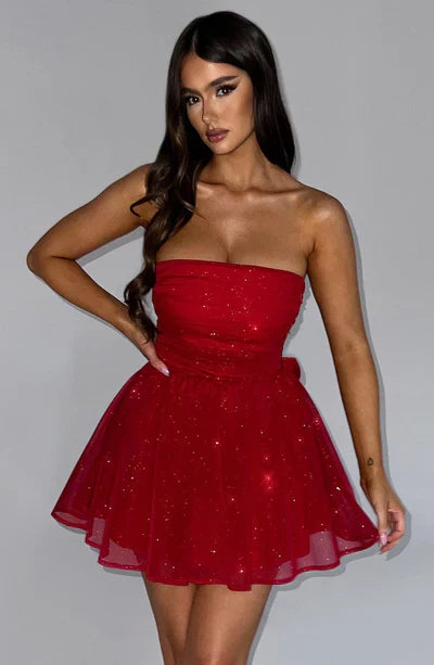 Strapless Glitter Mini Jurk Met Grote Strik Cocktail Feest Voor Dames