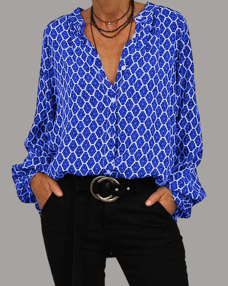 Flowy Button-Up Blouse with Print and Long Sleeves