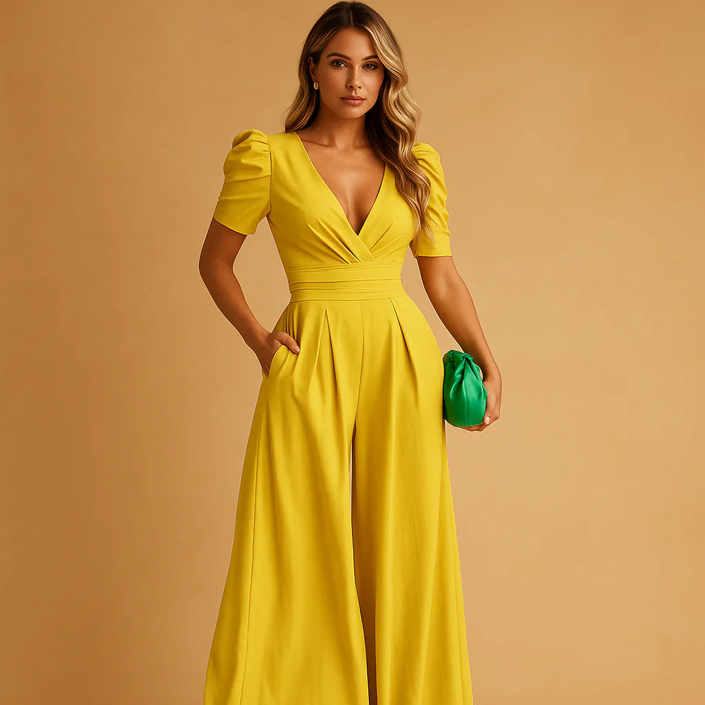 Luxury Women’s Jumpsuit with Puff Sleeves and Wide Legs