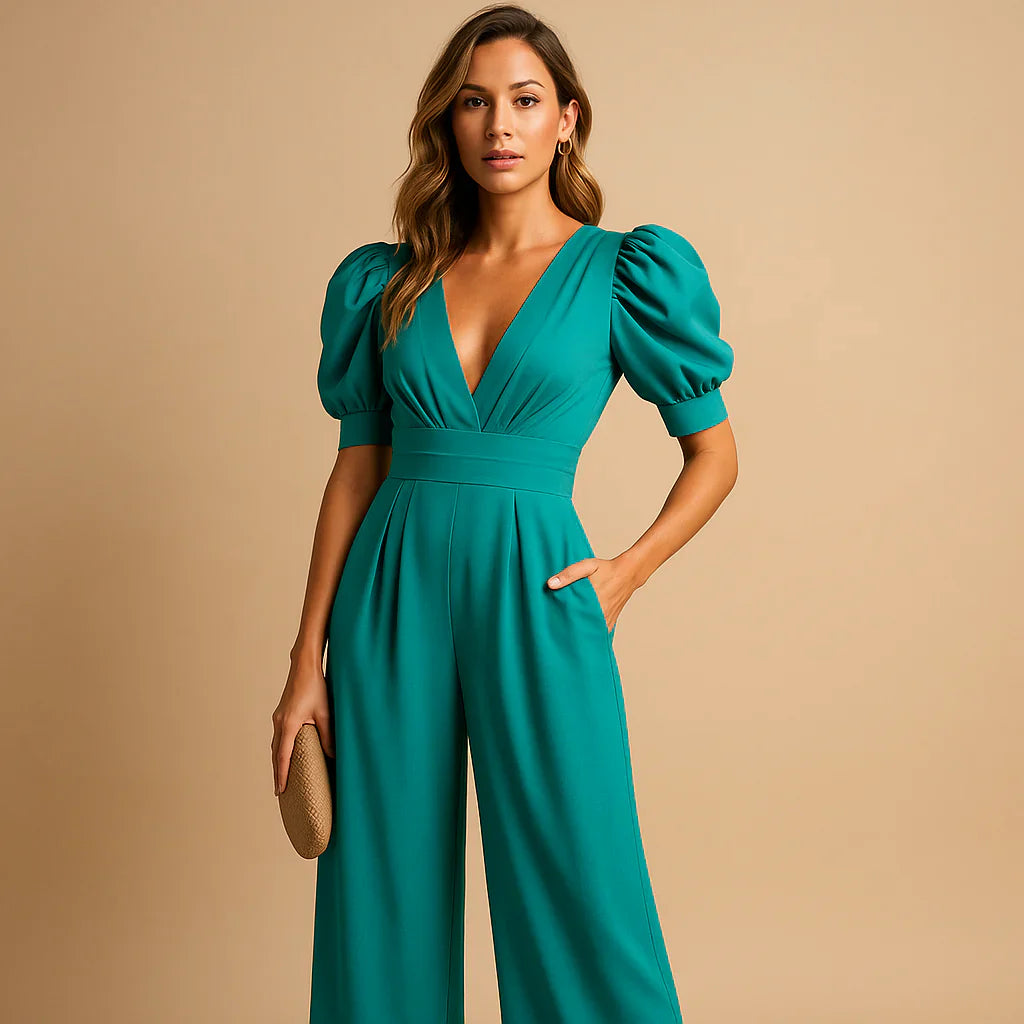 Luxury Women’s Jumpsuit with Puff Sleeves and Wide Legs