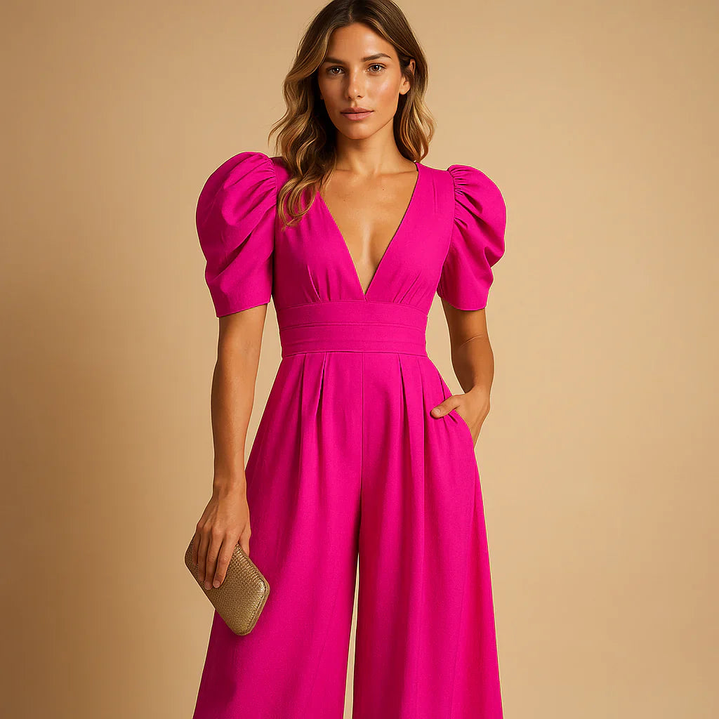 Luxury Women’s Jumpsuit with Puff Sleeves and Wide Legs