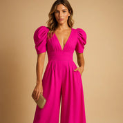 Luxury Women’s Jumpsuit with Puff Sleeves and Wide Legs