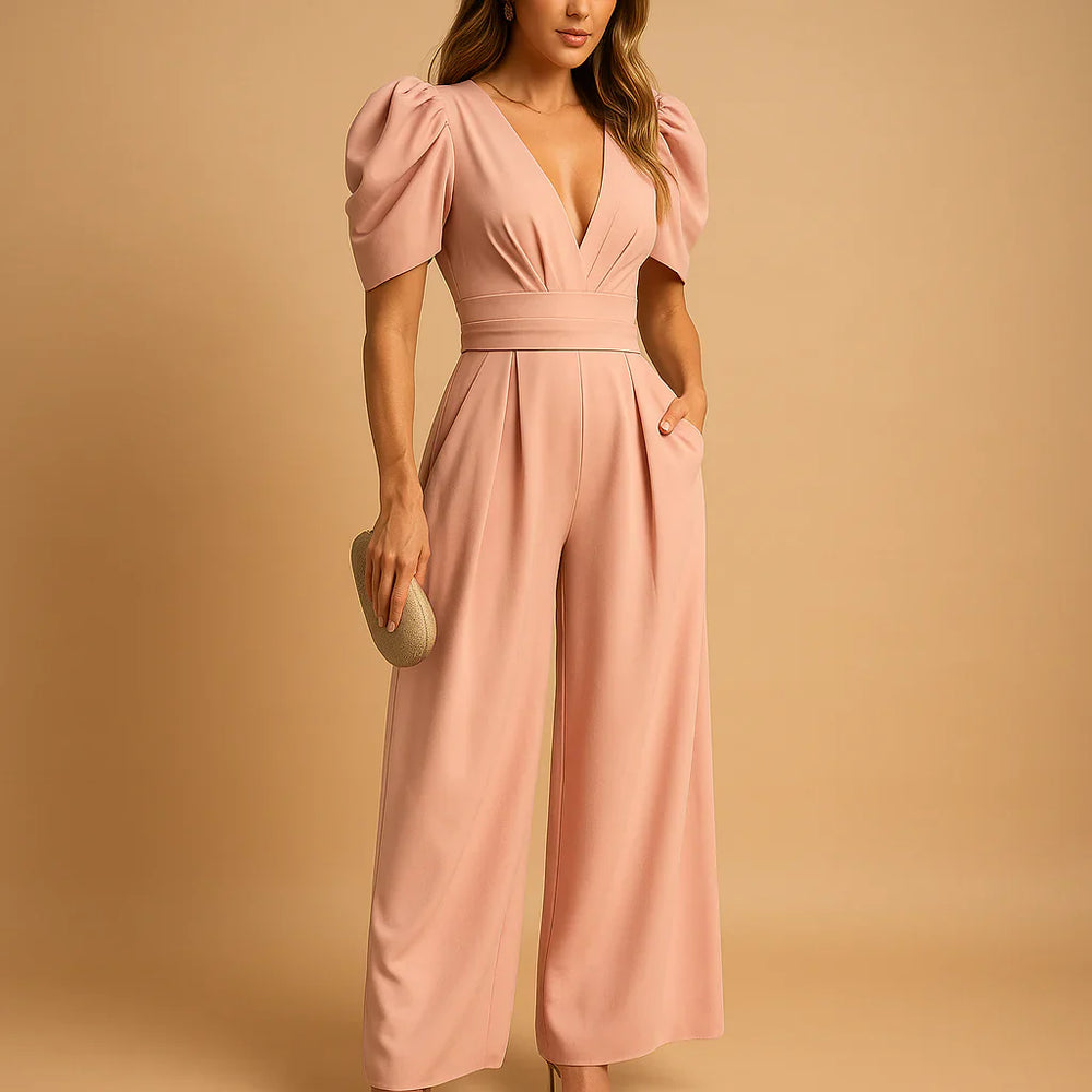 Luxury Women’s Jumpsuit with Puff Sleeves and Wide Legs