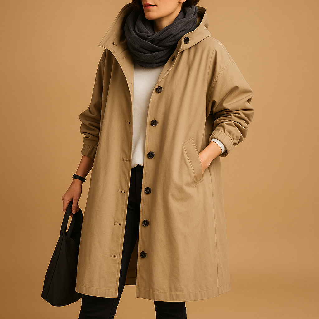Trench-Coat Imperméable Long pour Femme avec Capuche et Boutons