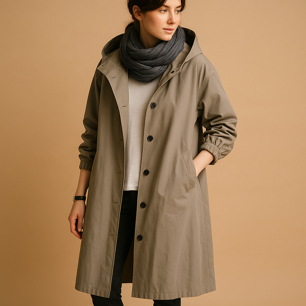 Waterdichte Trenchcoat Voor Vrouwen Lang Met Capuchon En Knopen