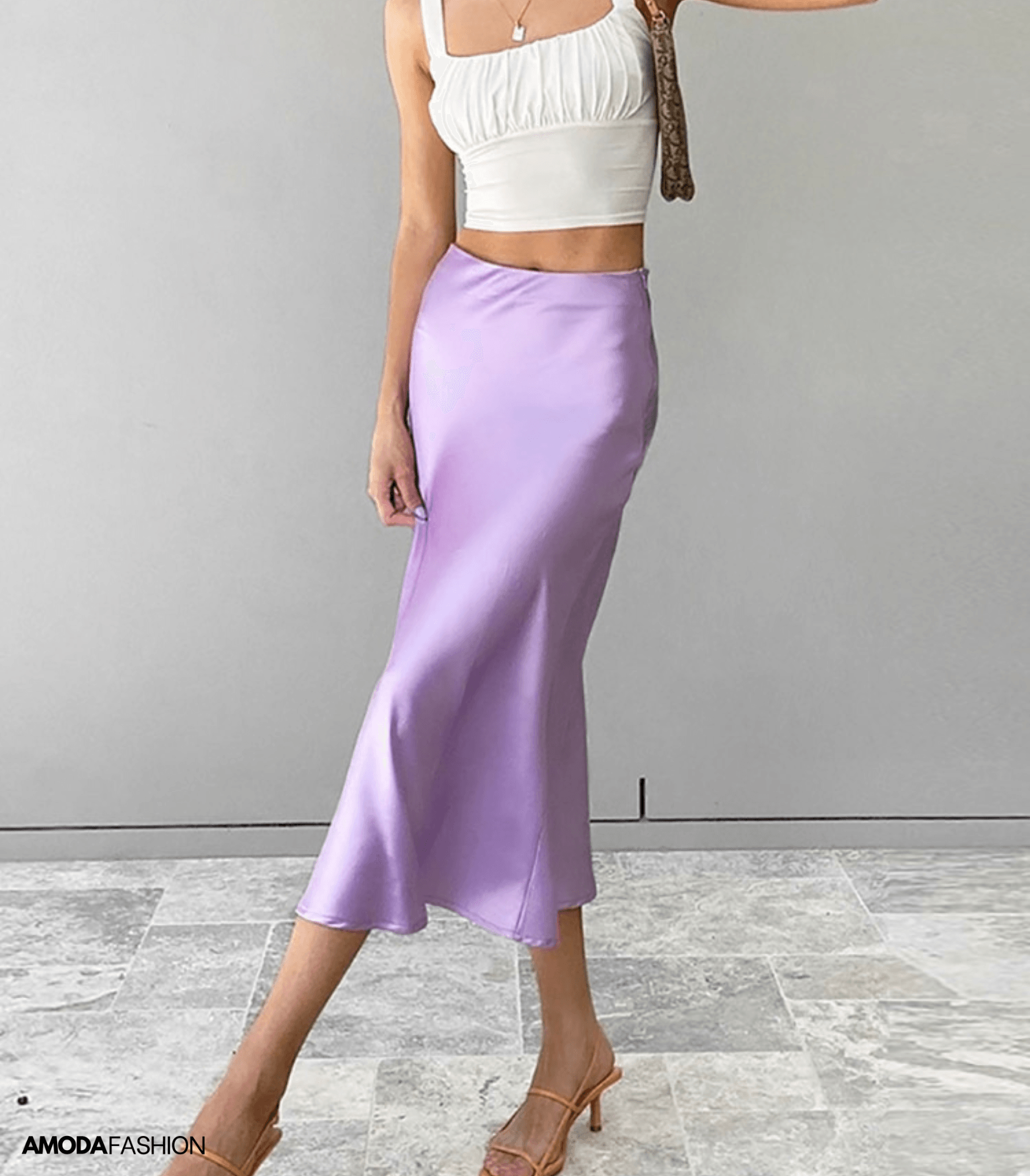 Elegant Satin Look Midi Skirt with High Waist and Smooth Drape
