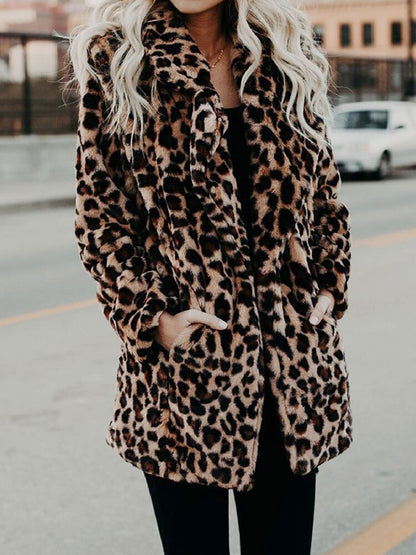 Luipaardprint Faux Fur Winterjas voor Dames met Zakken
