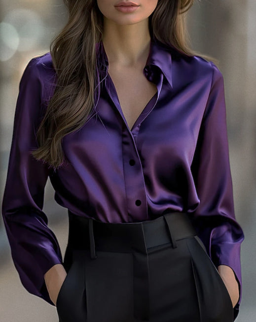 Women's Elegant Satin Blouse with Button Closure and Long Sleeves