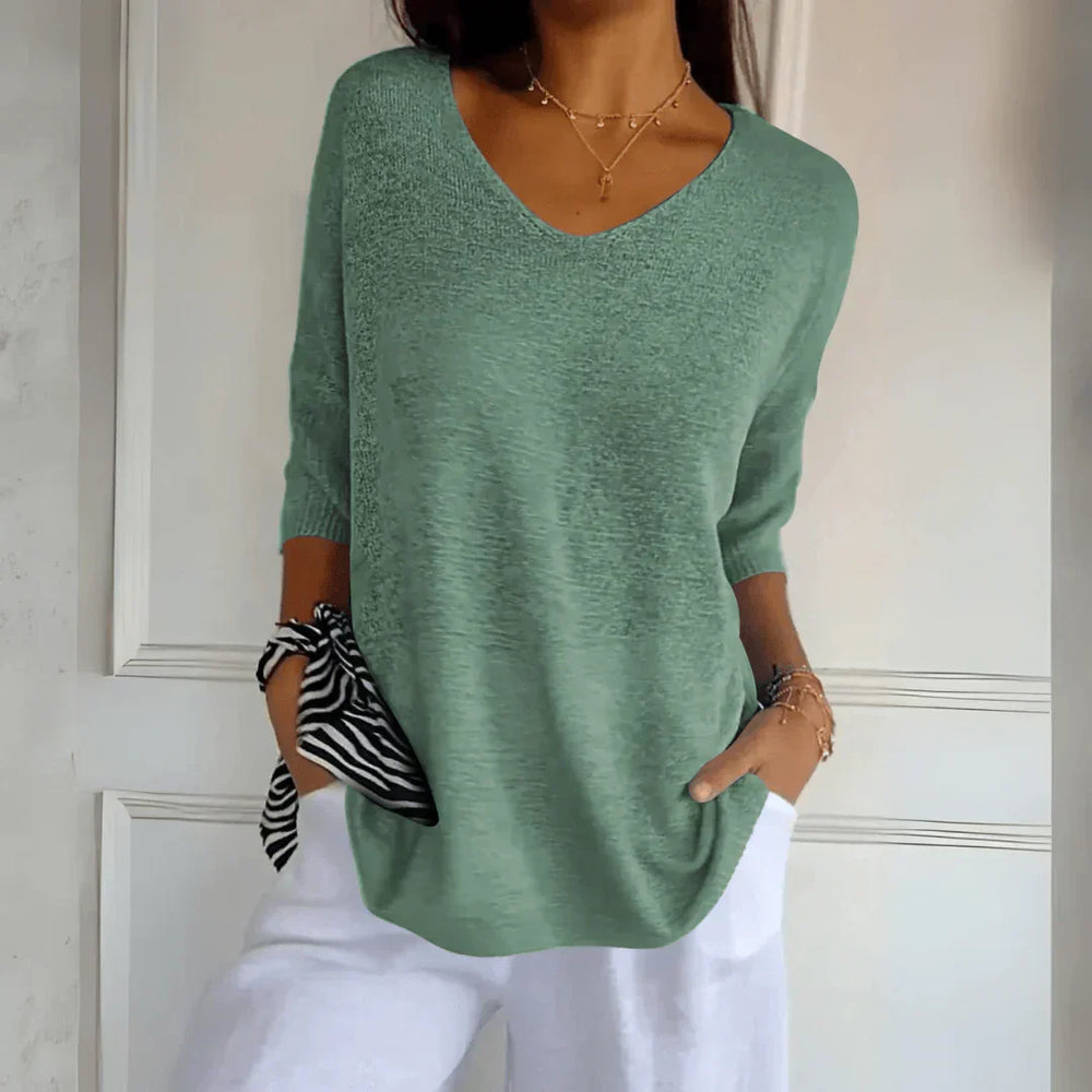 Relaxed Elegant V-Neck Top for Women with Three-Quarter Sleeves