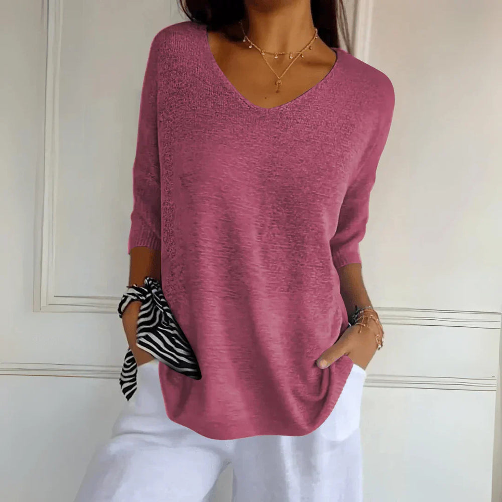 Relaxed Elegant V-Neck Top for Women with Three-Quarter Sleeves
