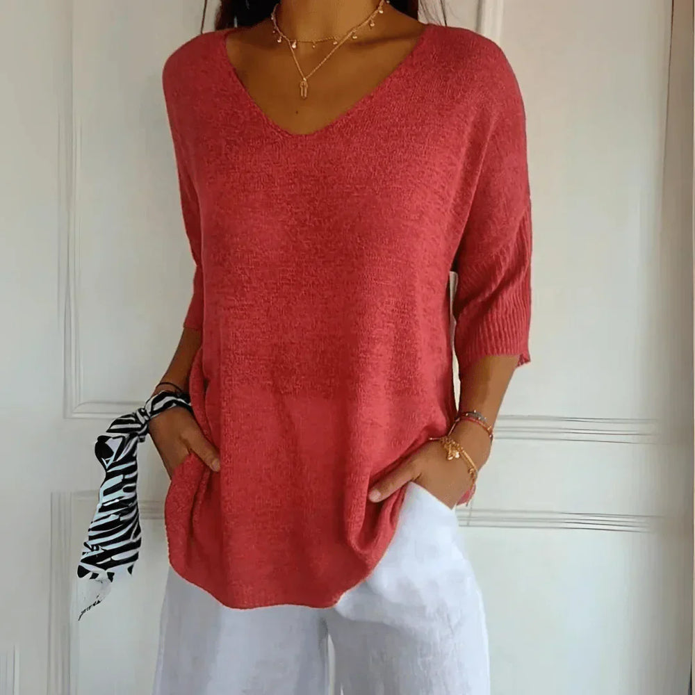 Relaxed Elegant V-Neck Top for Women with Three-Quarter Sleeves