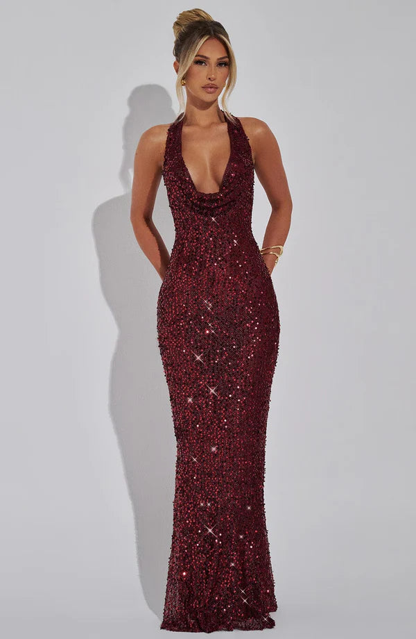 Women's Glitter Sequin Open Back Maxi Gala Dress