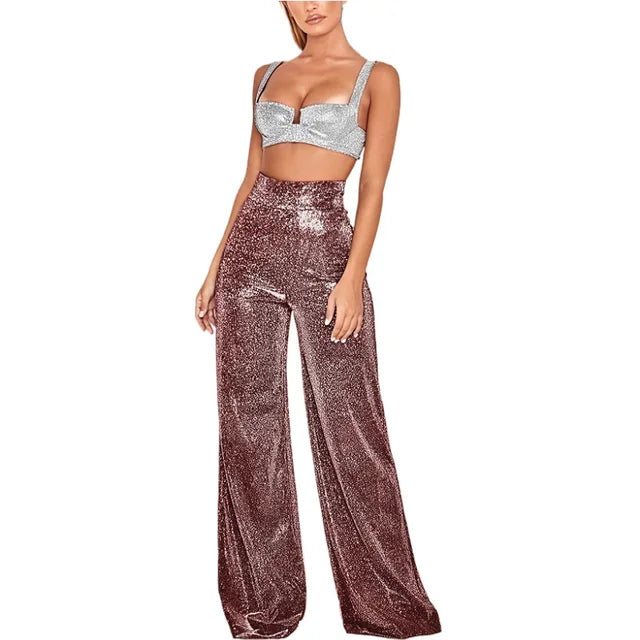 Elegante glitter feest pantalon dames flared pijpen