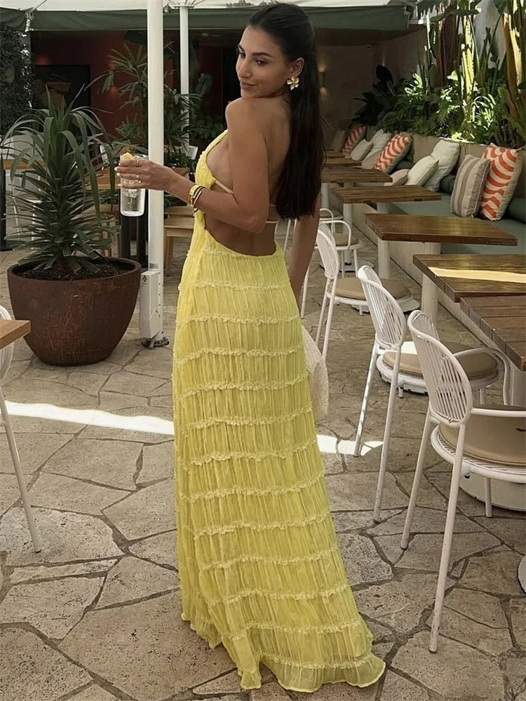 Mila - Elegancka sukienka maxi z halterem i odkrytymi plecami