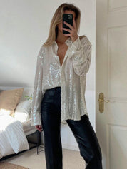 Dames Feestelijke Oversized Blouse met Pailletten en Kraag