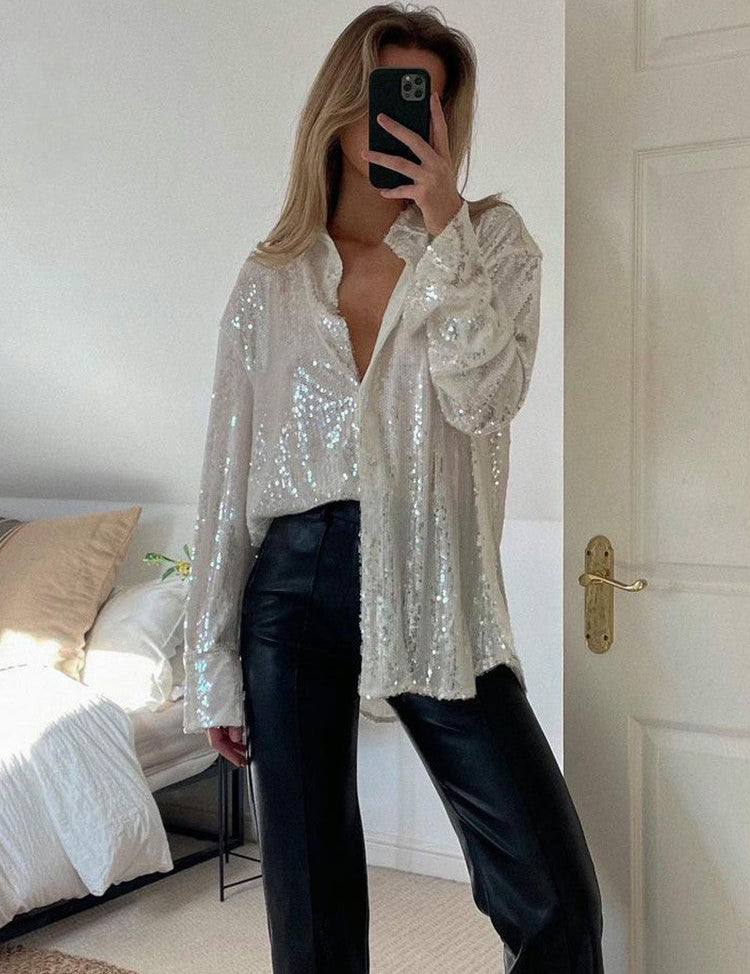 Dames Feestelijke Oversized Blouse met Pailletten en Kraag