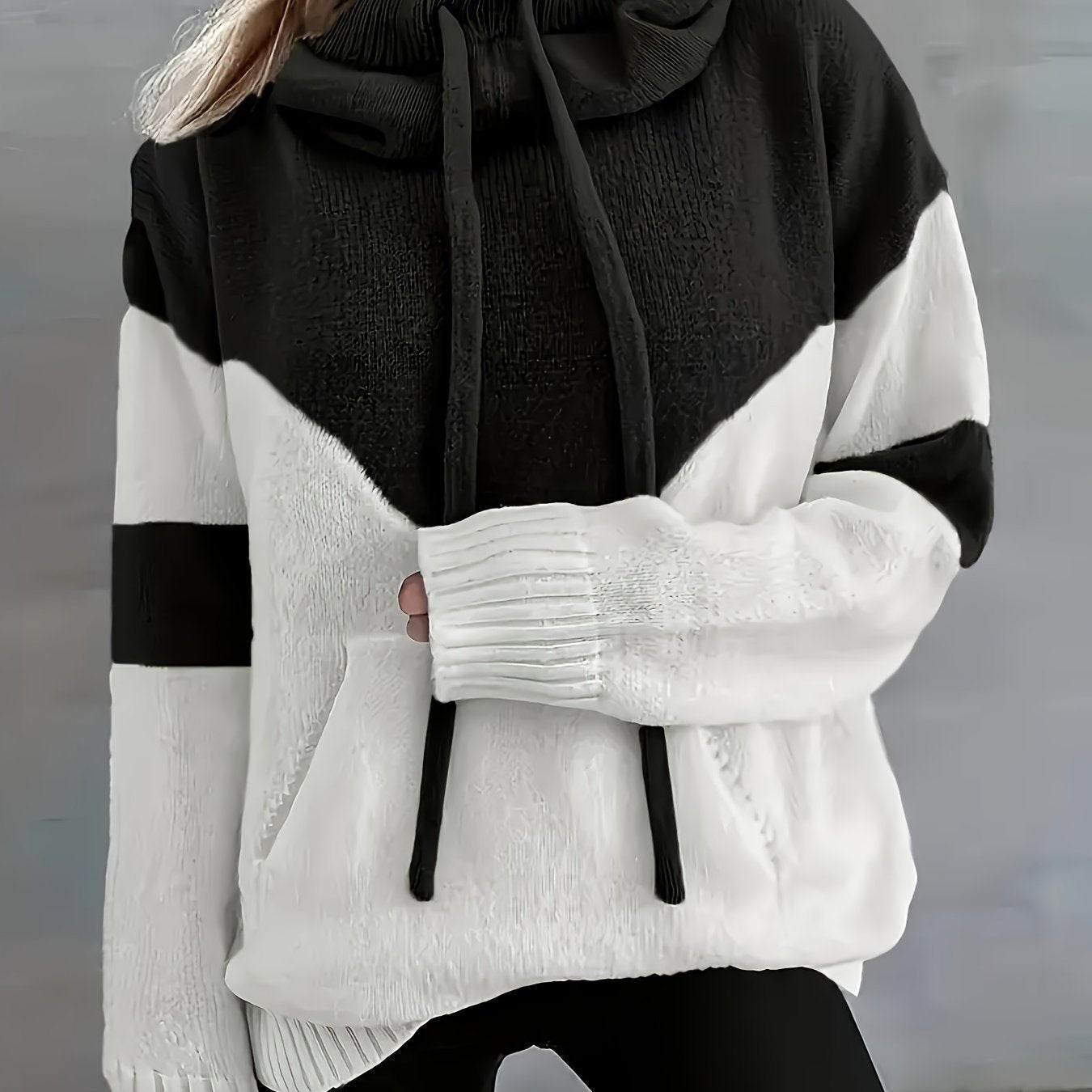 Marguerite color-block hooded pullover, close-up front view with drawstring hood