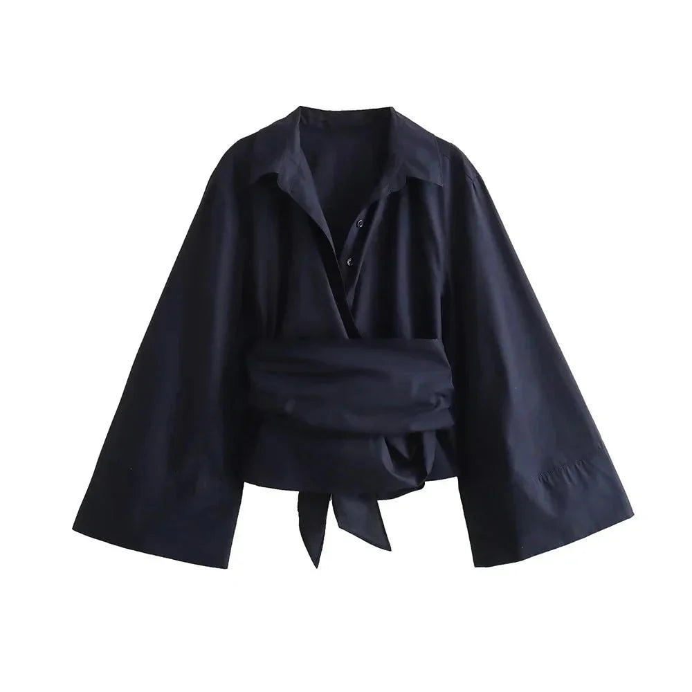 Blouse kimono élégante pour femmes avec ceinture à la taille et fermeture croisée