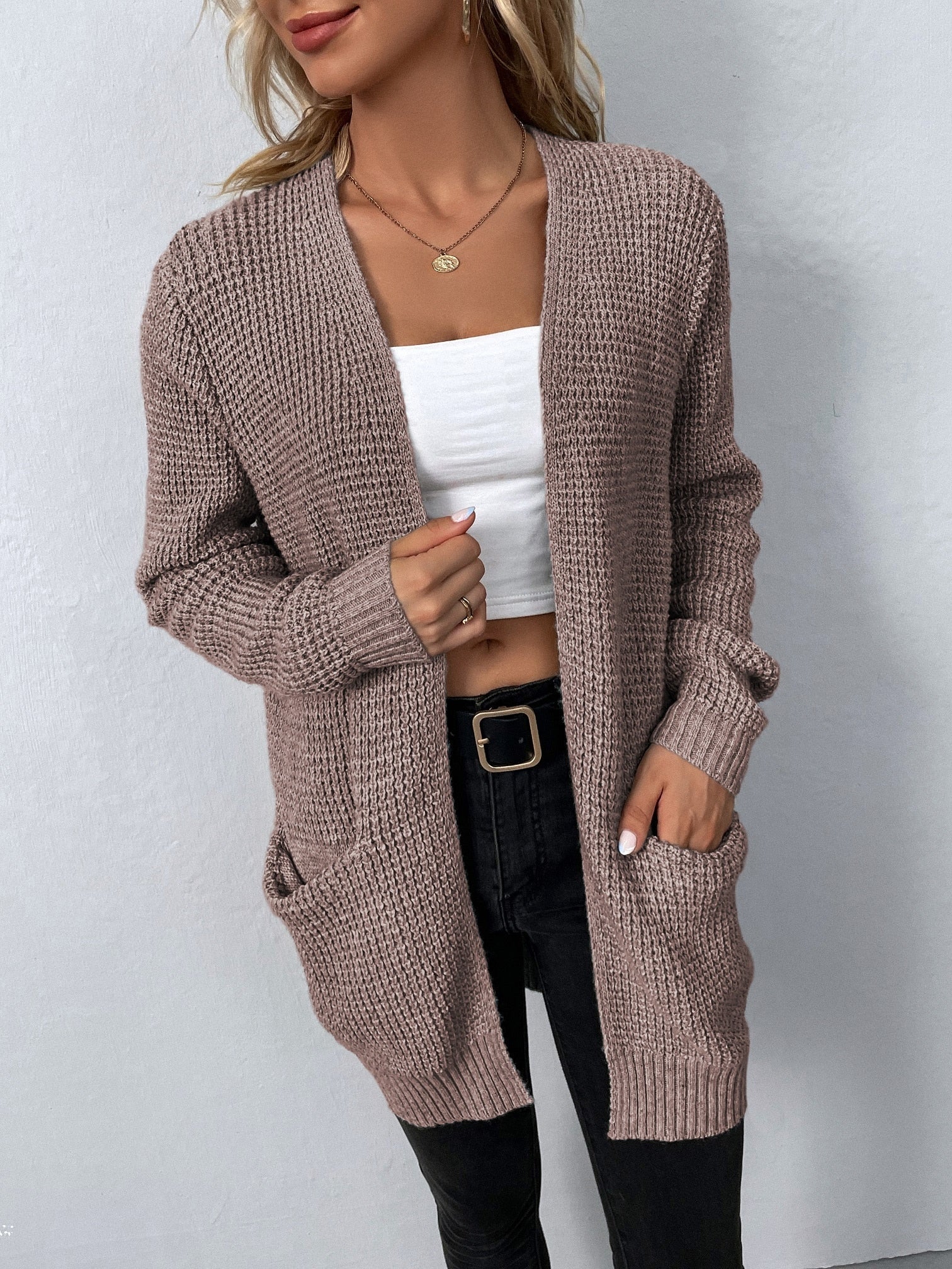 Cardigan d'hiver long tricoté avec poches pour femmes