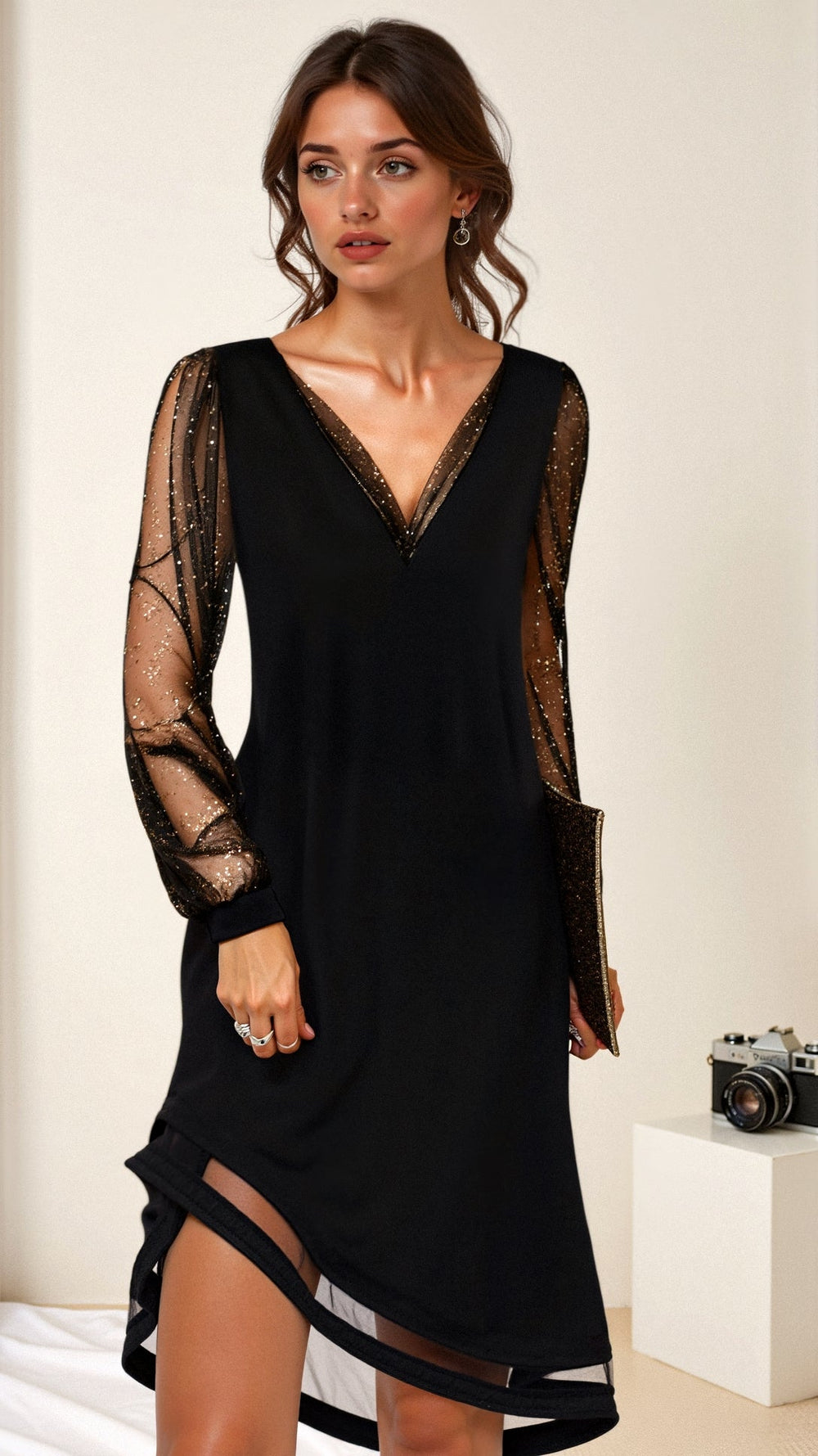 Zwarte Elegante Chique Dames Galajurk Met Mesh Mouwen