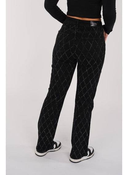 Jeans Voor Vrouwen High Waist Rechte Pijpen Met Strass Ruitpatroon