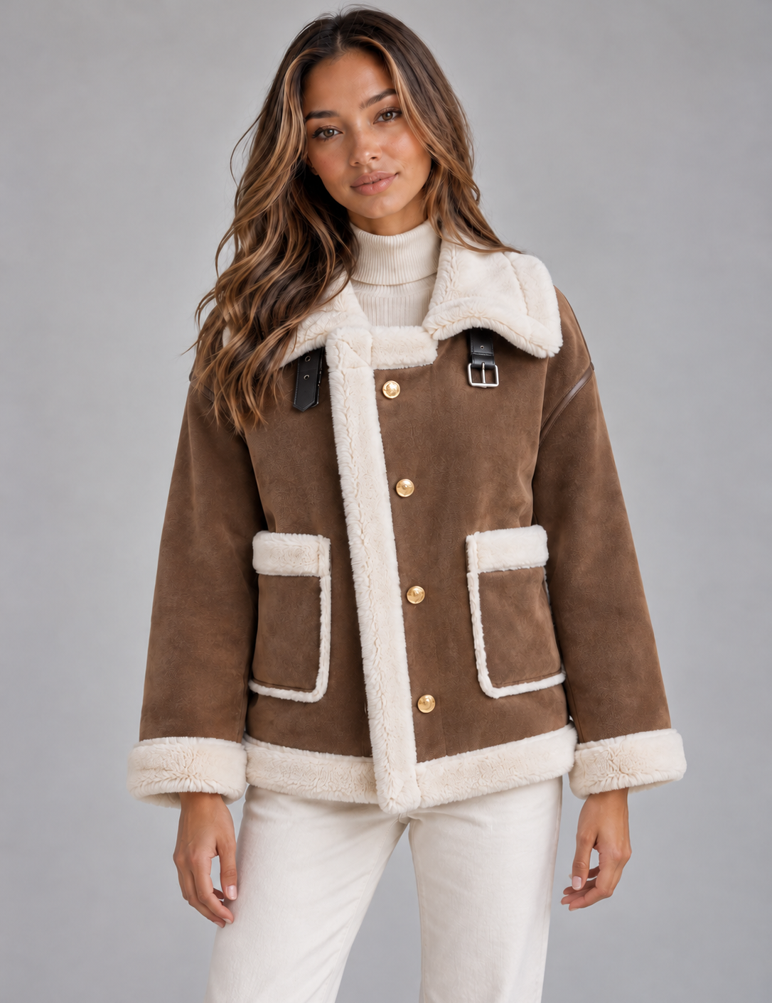 Dames Stoere Pilotenjas met Suède Look en Knoopsluiting