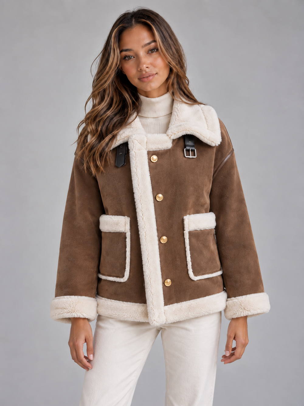 Dames Stoere Pilotenjas met Suède Look en Knoopsluiting