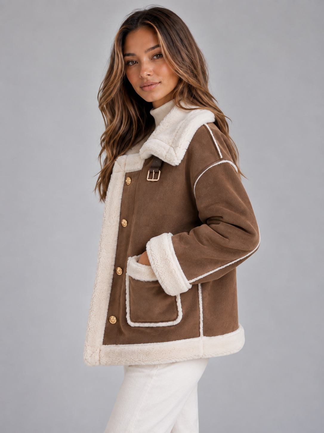 Dames Stoere Pilotenjas met Suède Look en Knoopsluiting