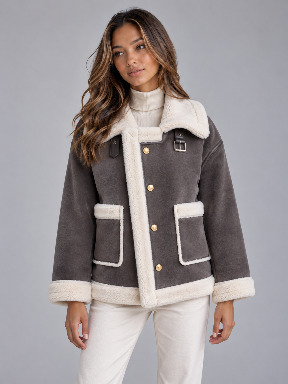 Dames Stoere Pilotenjas met Suède Look en Knoopsluiting
