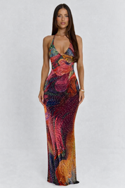 Dames Verfijnde Pailletten Maxi Jurk met Halter en Open Rug