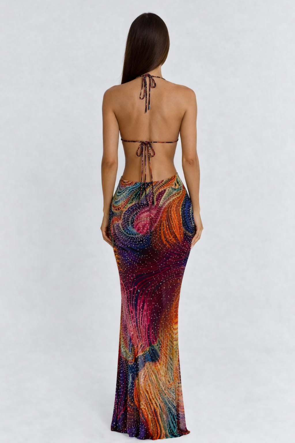 Dames Verfijnde Pailletten Maxi Jurk met Halter en Open Rug