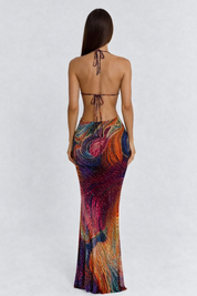 Dames Verfijnde Pailletten Maxi Jurk met Halter en Open Rug