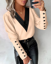 V-Neck Color Block Blouse for Women with Puff Sleeves and Buttons