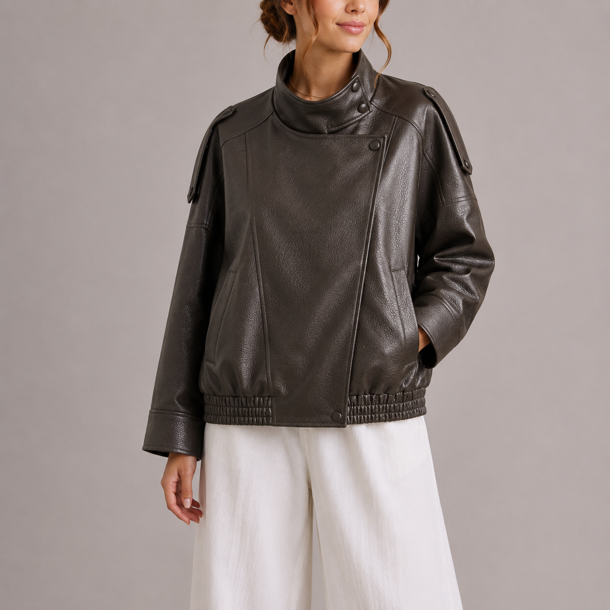 NOEMIE - HIGH COLLAR FAUX LEATHER BOMBER JACKET 2