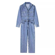 Trendy Vrouwen Denim Jumpsuit met Lange Mouwen en Knoopsluiting