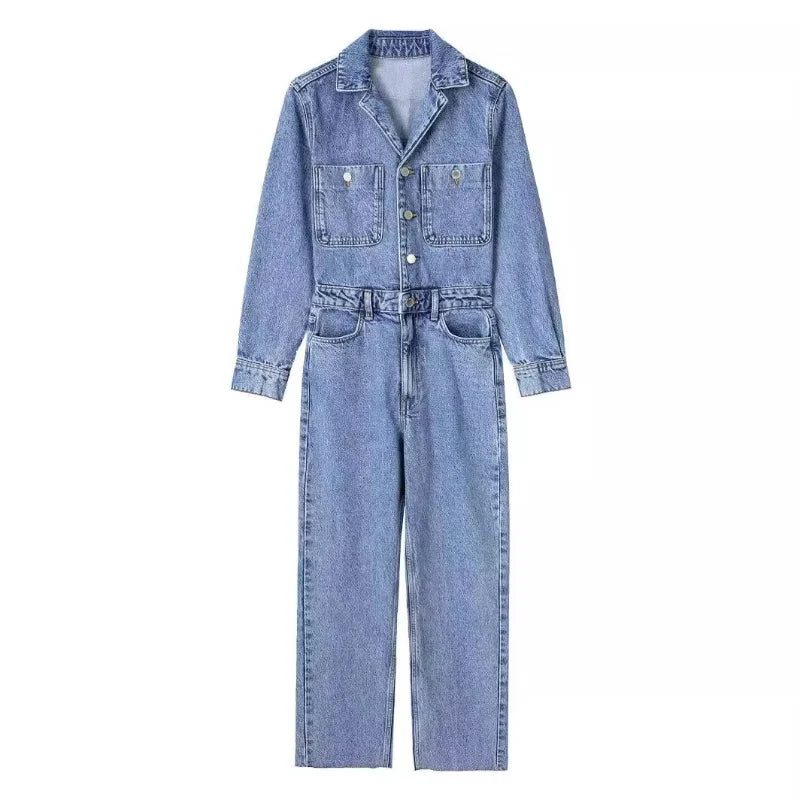 Trendy Vrouwen Denim Jumpsuit met Lange Mouwen en Knoopsluiting