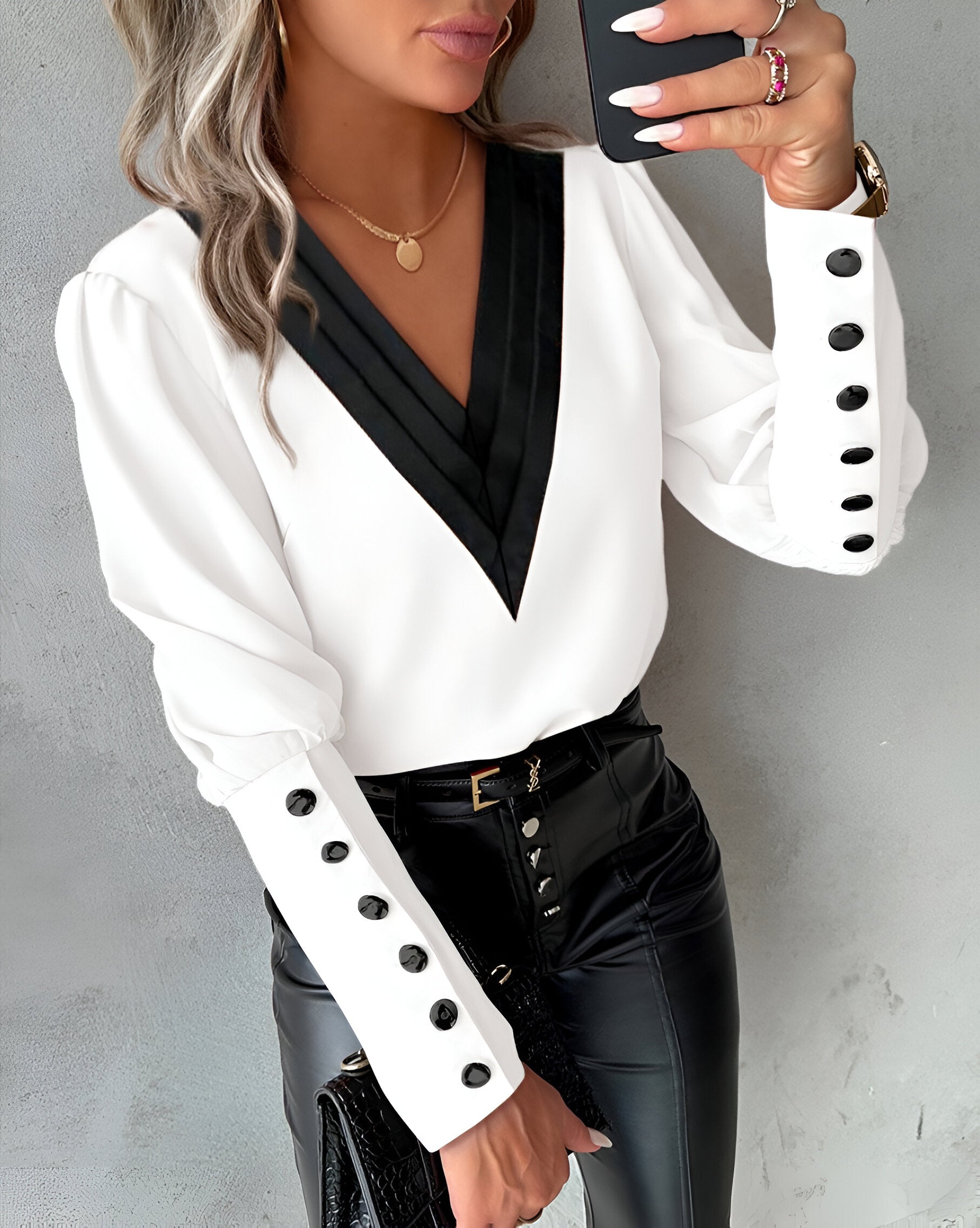 V-Neck Color Block Blouse for Women with Puff Sleeves and Buttons