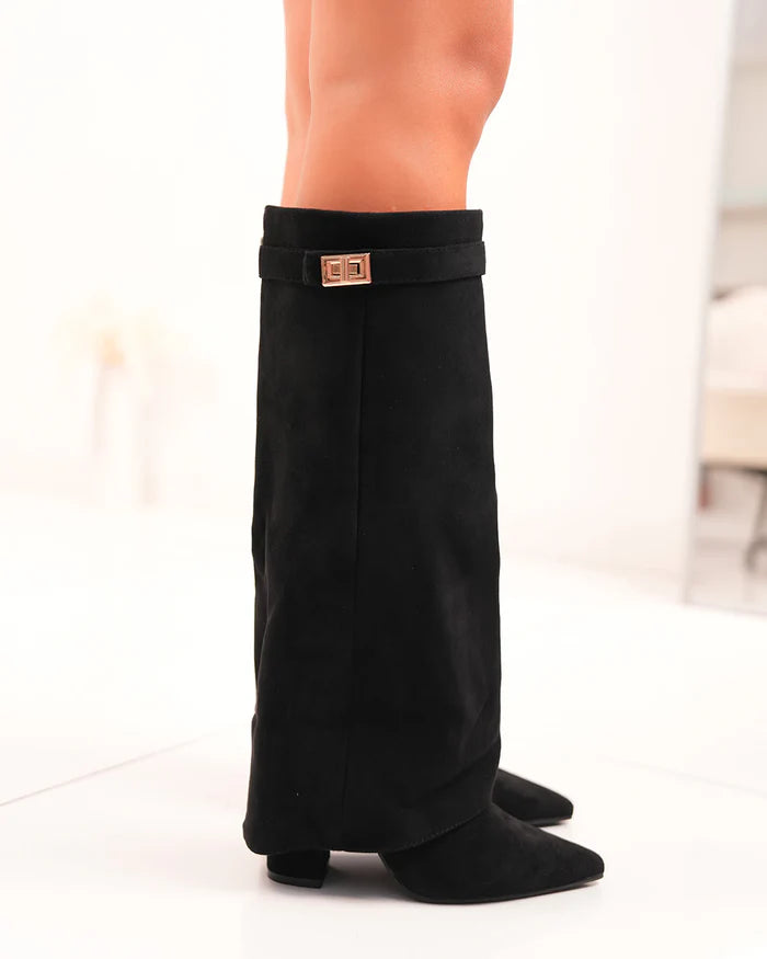 Damskie eleganckie kozaki do kolan z detalem klamry i szpiczastym noskiem