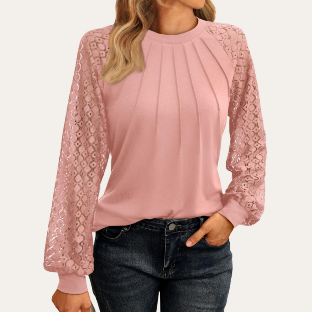Blouse pour femmes avec manches en dentelle et encolure plissée