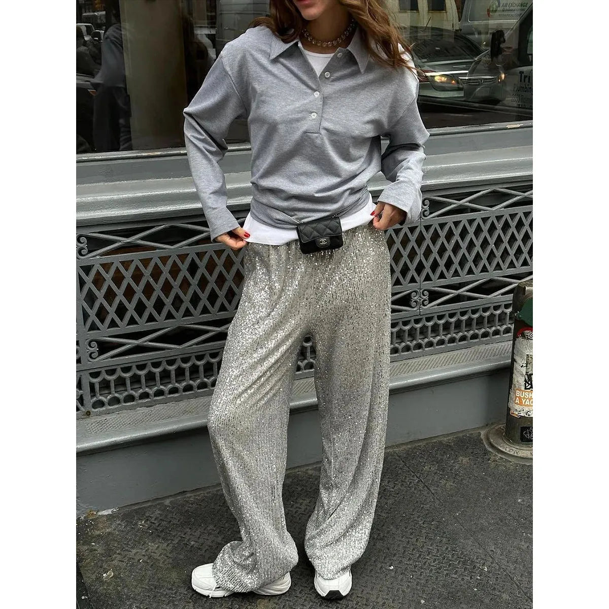 Pailletten Glitter Broek Met Hoge Taille Dames Feestelijk