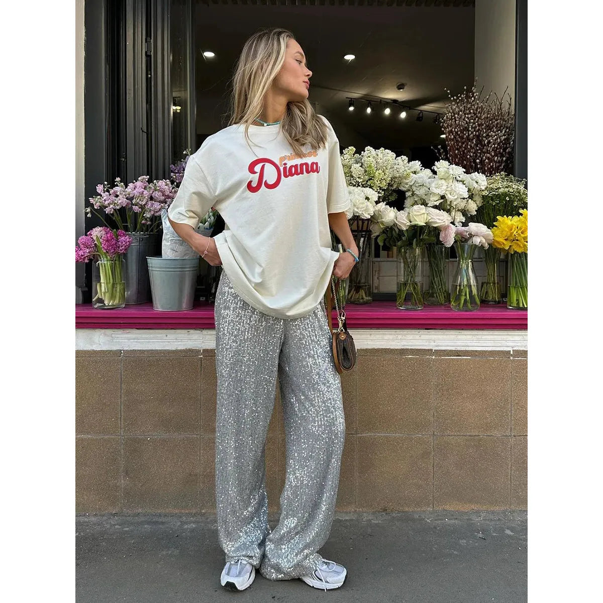 Pailletten Glitter Broek Met Hoge Taille Dames Feestelijk