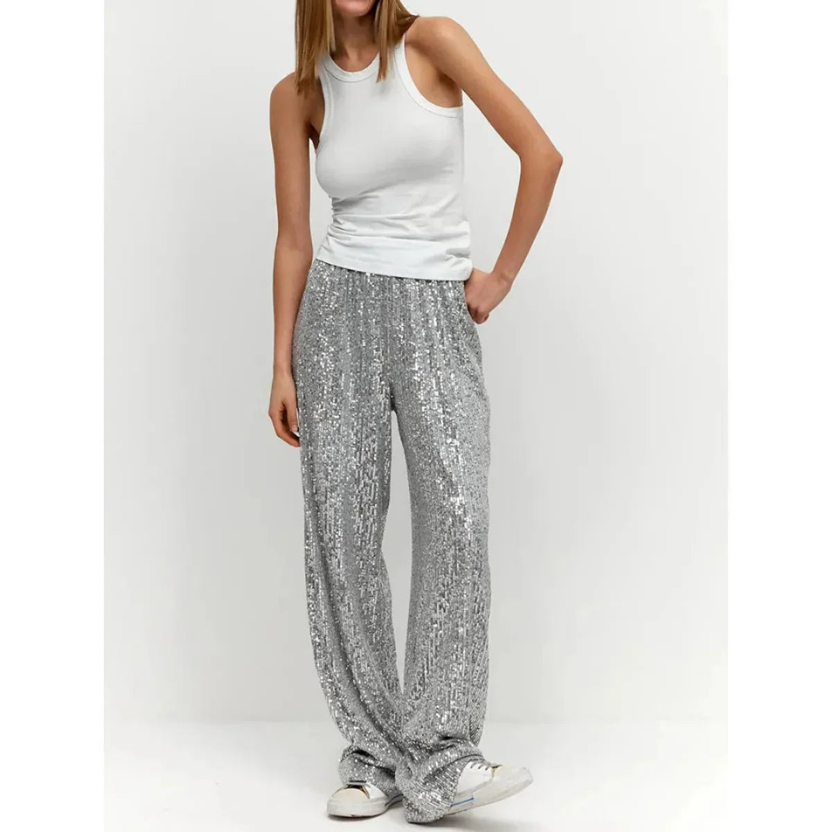 Pailletten Glitter Broek Met Hoge Taille Dames Feestelijk