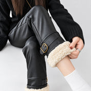 Dames Stoere Leatherlook Broek met Hoge Taille en Gespjes