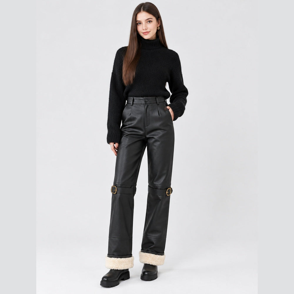 Dames Stoere Leatherlook Broek met Hoge Taille en Gespjes
