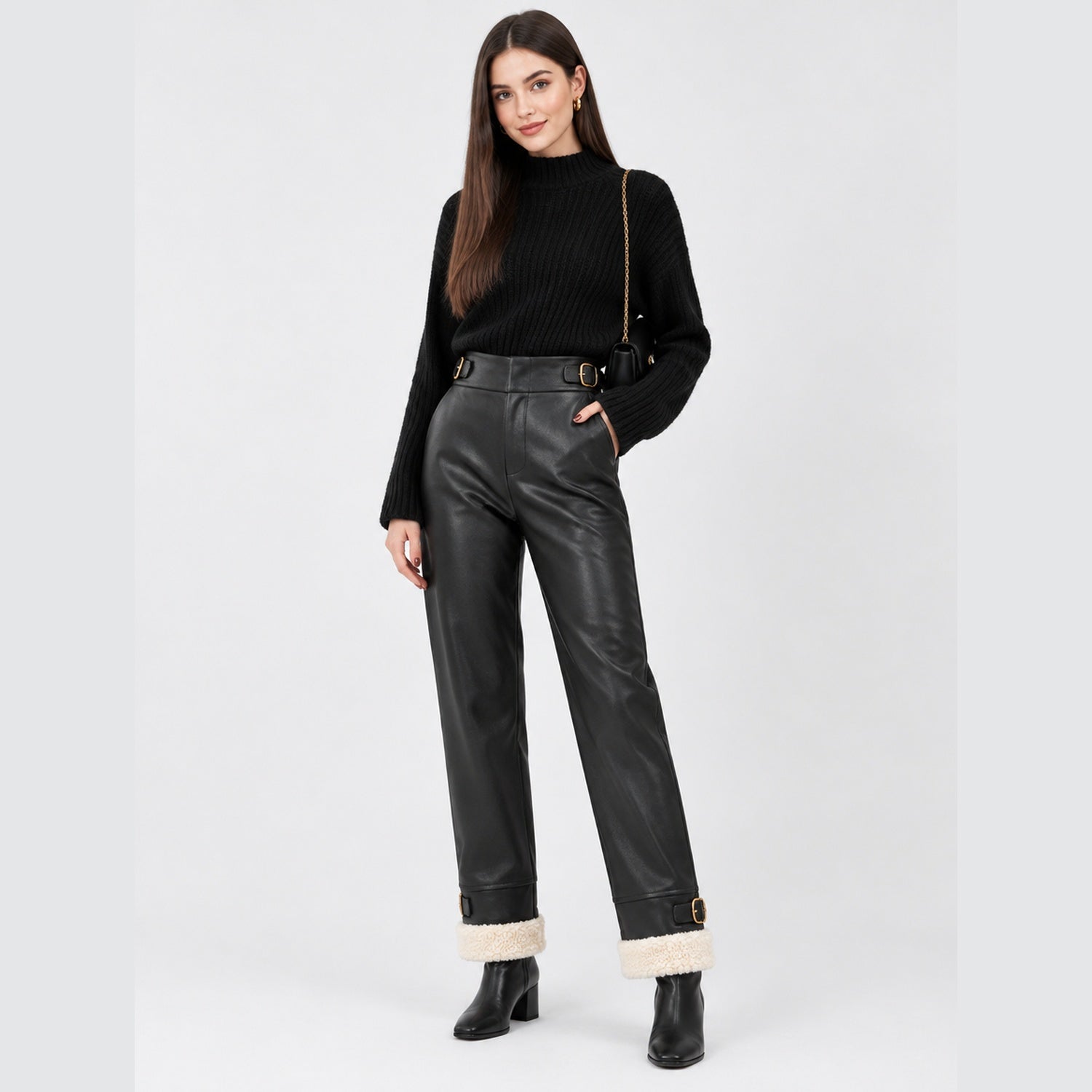 Dames Stoere Leatherlook Broek met Hoge Taille en Gespjes