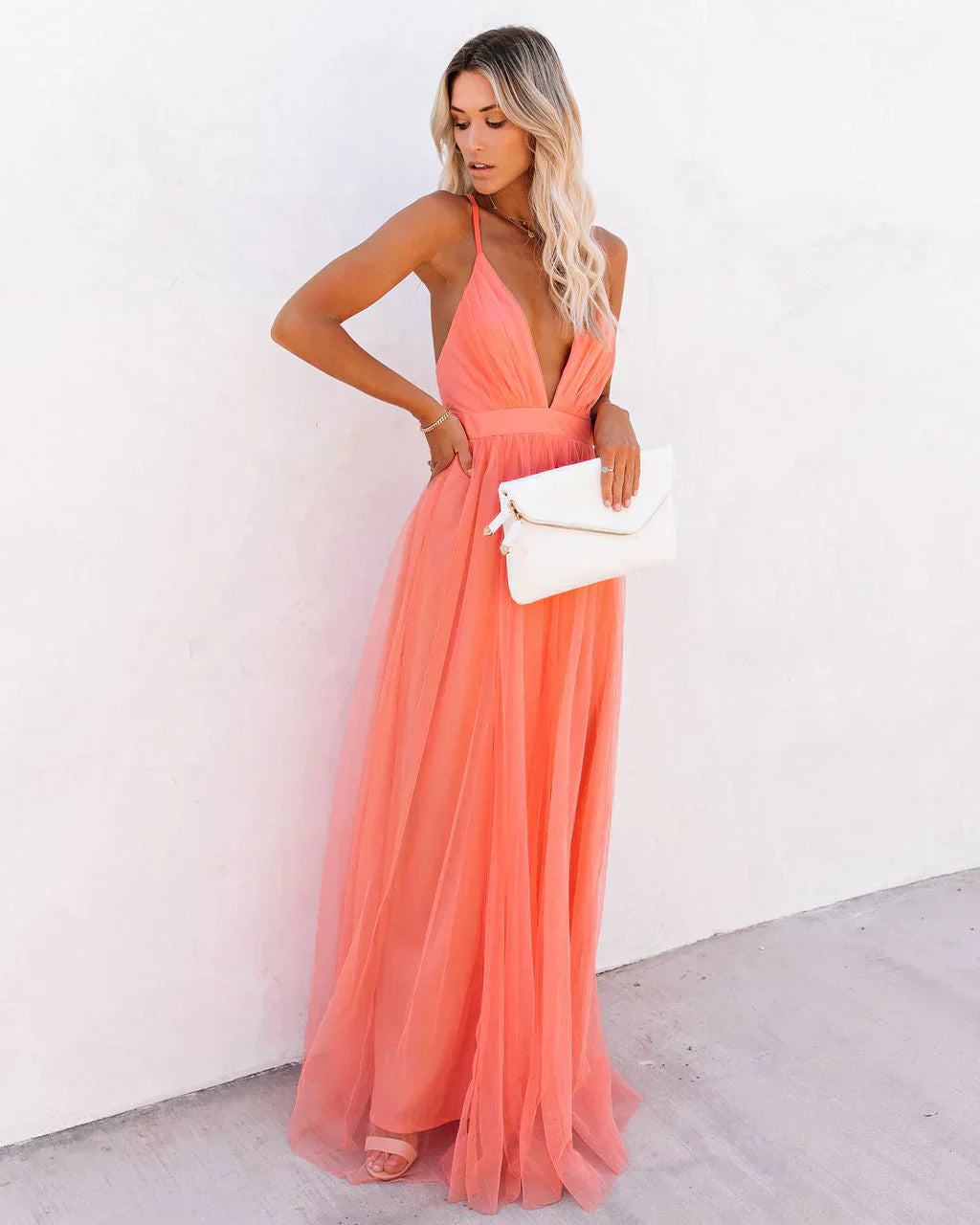 Gala Maxi Dress with Open Back and Deep V Neck