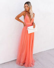 Gala Maxi Dress with Open Back and Deep V Neck