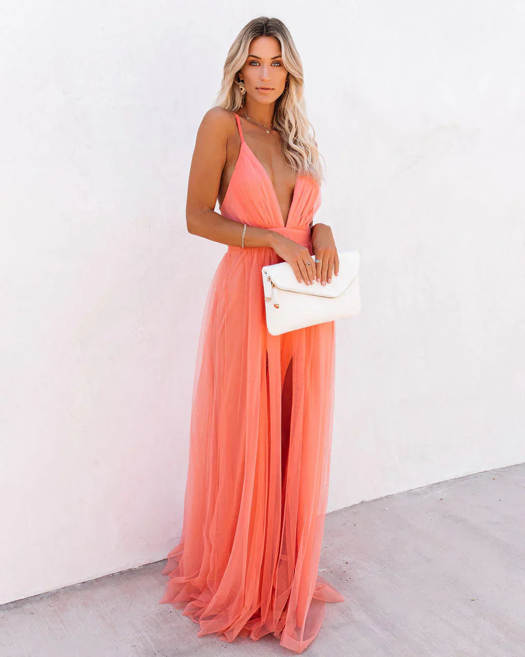 Gala Maxi Dress with Open Back and Deep V Neck