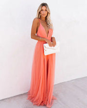 Gala Maxi Dress with Open Back and Deep V Neck