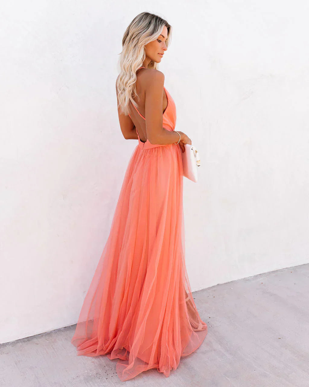 Gala Maxi Dress with Open Back and Deep V Neck